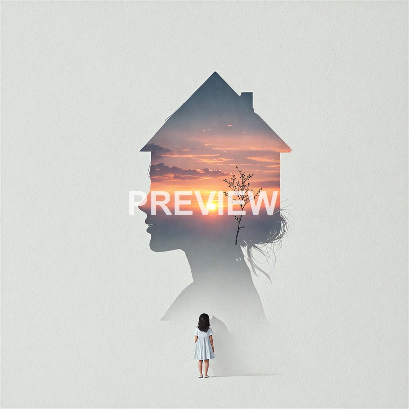 A silhouette of a woman's profile with a sunset scene, including clouds, a tree, and the sun, within her head, and a small girl standing underneath looking up at it.